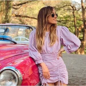 ZARA | Bloggers Favorite Lilac Purple Gingham Mini Dress Ruched Skirt |  Large